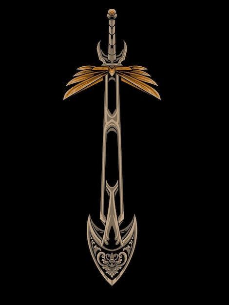 Vector sword vector design with classic style engraving ornament, color editable