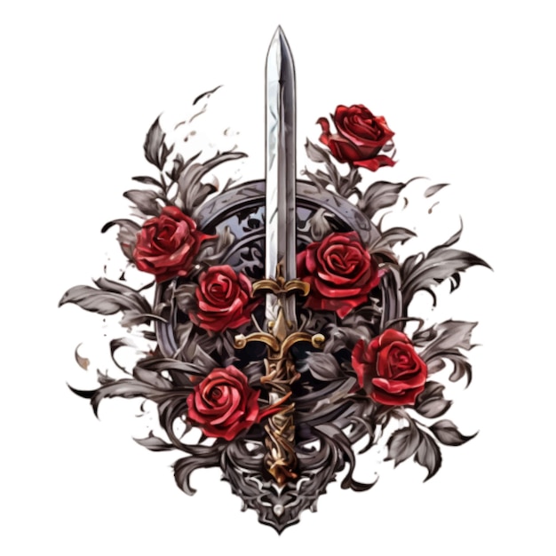 Vector sword with red roses symbolizing the concept of war and peace vector art isolated on white