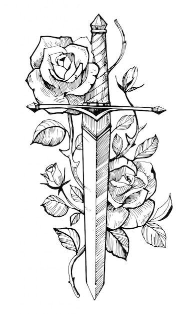 Sword with roses. Tattoo sketch.  Hand drawn illustration. Isolated on white background.