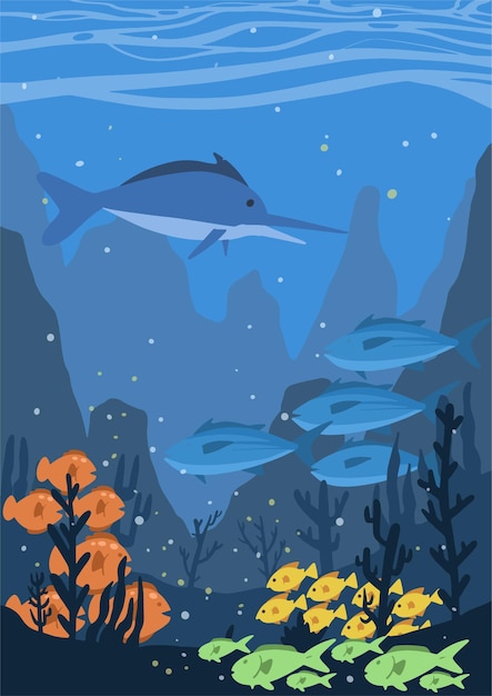 Swordfish and School of Fish Underwater