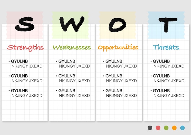 Вектор Шаблон swot-анализа с четырьмя цветовыми палитрами, шаблон бизнес-инфографики