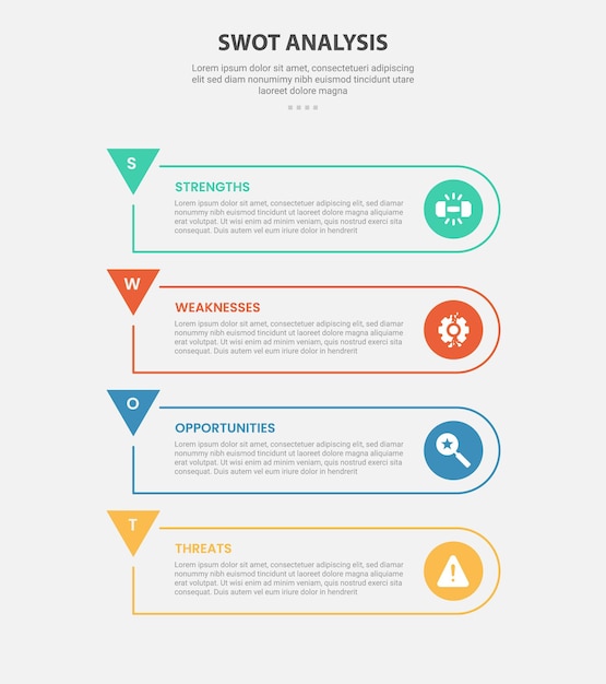 swot analysis infographic outline style with 4 point template with round rectangle shape and arrow edge for slide presentation