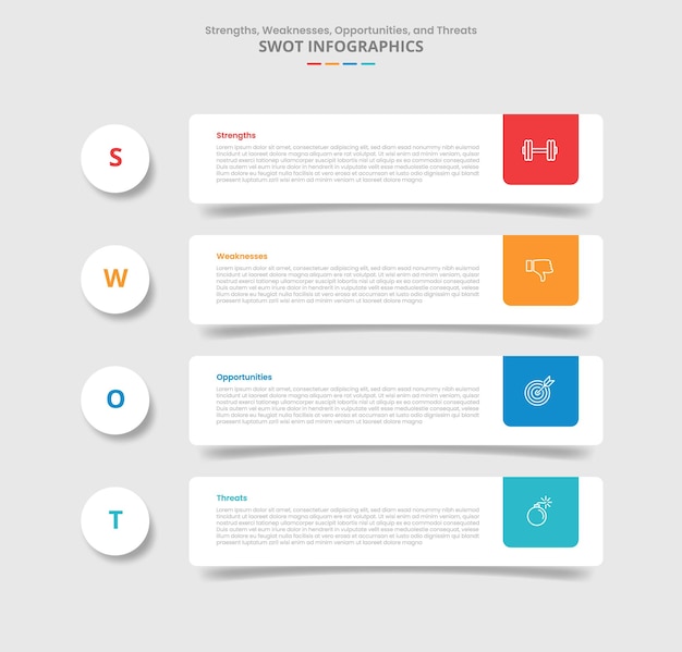 SWOT analysis for infographic with drop shadow style with round rectangle with circle badge on left with 4 point list information