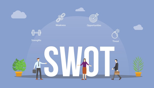 Vector swot analysis strategic planning concept with big word text and people with related icon