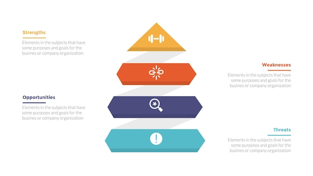 Swot analysis strategic planning management infographics template diagram with pyramid shape and arrow up 4 point step creative design for slide presentation vector