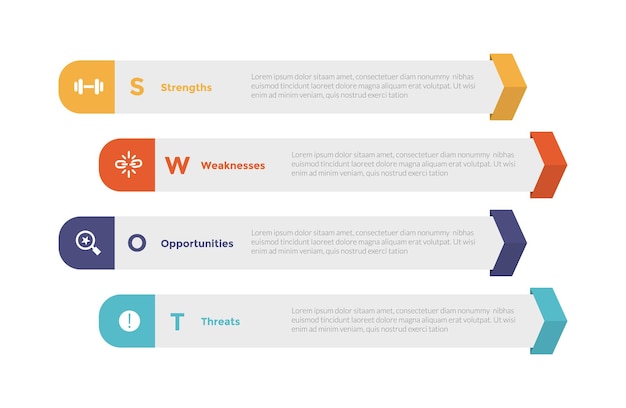 Analisi swot pianificazione strategica gestione infografica modello diagramma con rettangolo freccia bordo pila 4 punti passo progettazione creativa per slide presentazione vettoriale