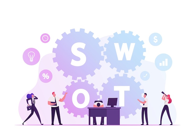 Vector swot, analysis, strengths, weaknesses, opportunities, threats concept. cartoon flat illustration