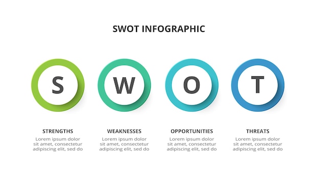 SWOT diagram with 4 steps options parts or processes Threats weaknesses strengths opportunities of the company