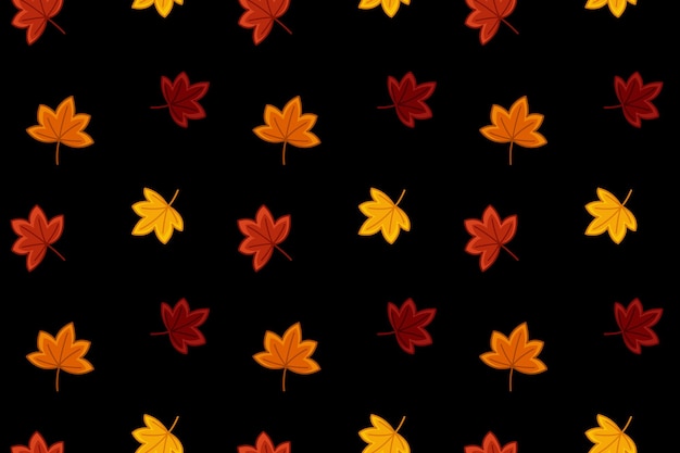 Sycamore on autumn seamless pattern on black background Red orange yellow leaves Cartoon Vector