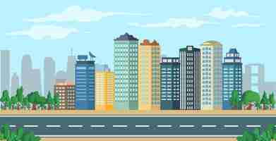 Vector sycrapers buildings with cityscape scenery background cityscape with road on flat style background