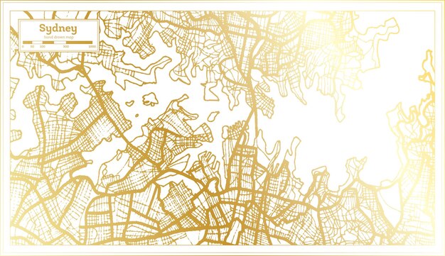 ゴールデン カラーのアウトライン マップでレトロなスタイルのシドニー オーストラリア都市マップ