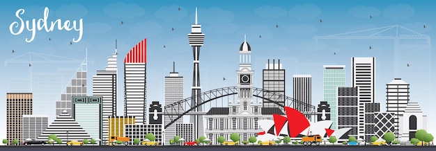 Горизонт сиднея австралии с серыми зданиями и голубым небом. векторные иллюстрации. деловые поездки и концепция туризма с современной архитектурой. изображение для презентационного баннера и веб-сайта.
