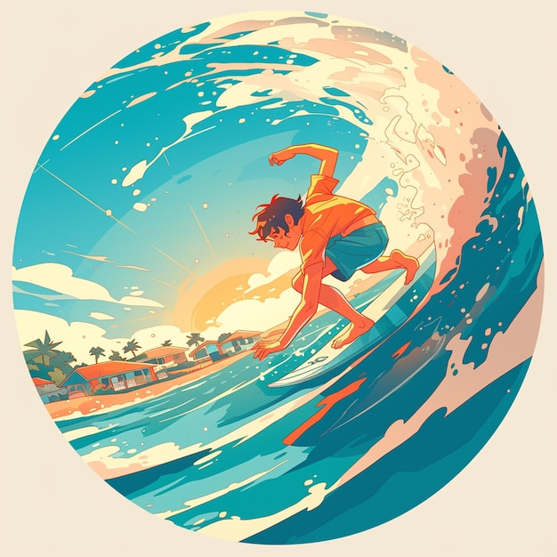 A Sydney boy surfs at sunset in cartoon style
