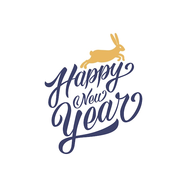 Symbol of 2023 vector silhouette rabbit. Lettering text Happy New Year. Design greeting card