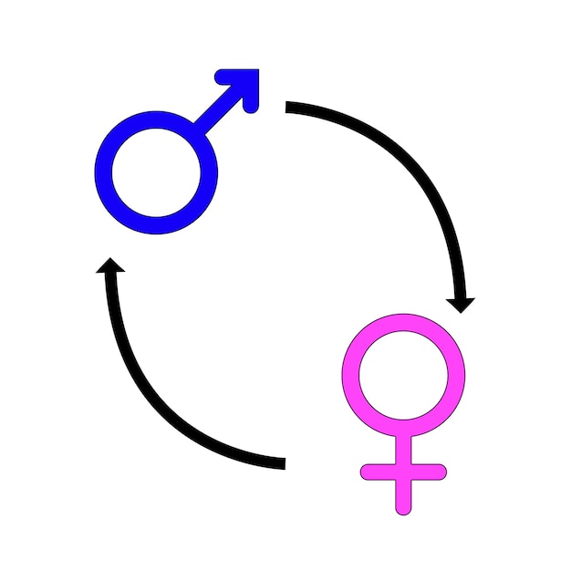 남성에서 여성으로, 여성에서 남성으로 성별 변경의 상징 성 재지정 수술의 징후 흰색 배경에 고립 된 벡터 일러스트 레이 션