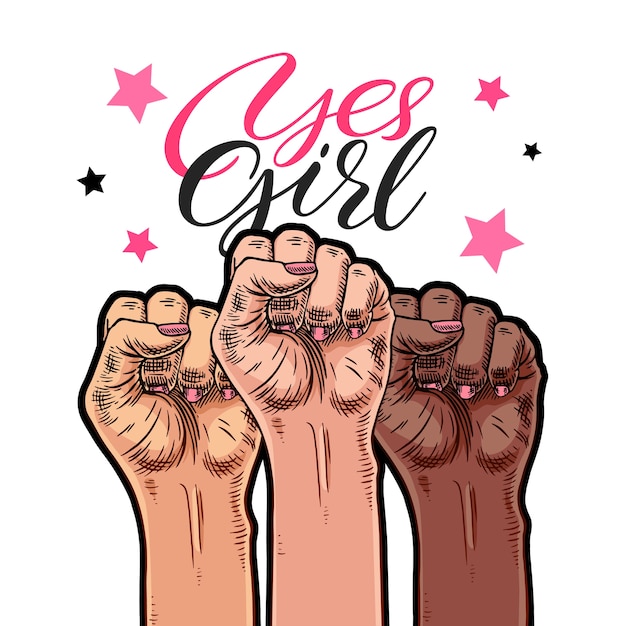 Vector symbol of feminist movement. yes girl. women hands with a fist raised up