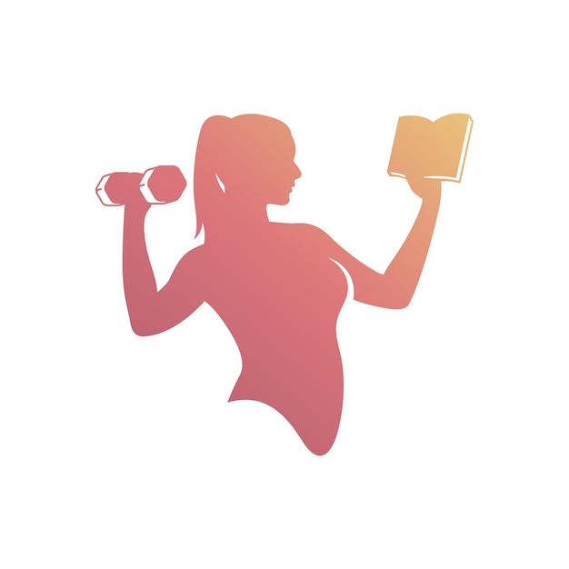 A symbol of fitness girl lifting dumbbells with reading book