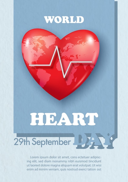 Vector symbol of heartbeat on 3d red heart and wording of world heart day example texts on blue paper pattern background poster campaign of world heart day in vector design