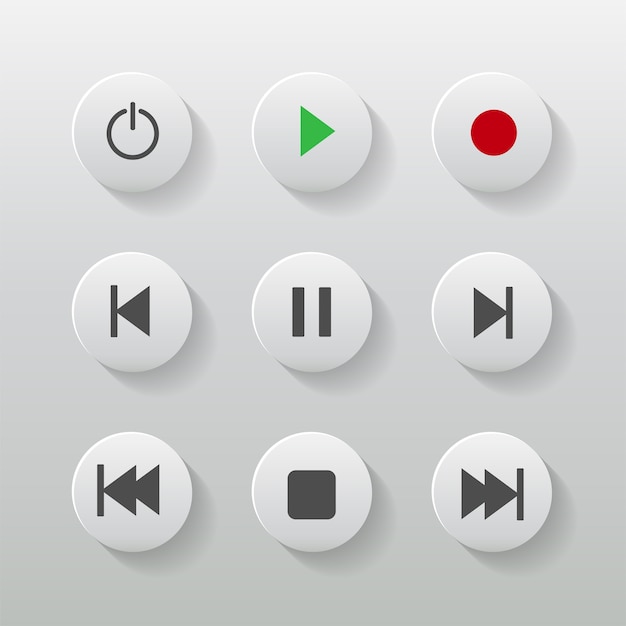 Vector symbol icon set media player control white round buttons
