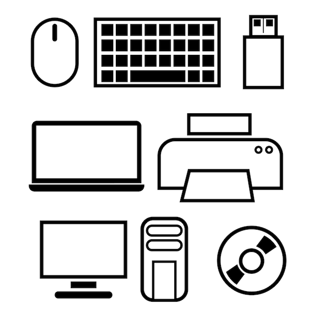 Клавиатура символа мыши usb флэш-диск принтер ноутбук диск процессор для вашей иллюстрации или элемент дизайна