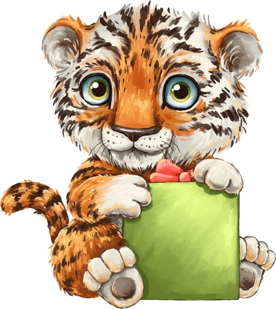 Symbol of New Year 2022 Tiger with a gift on a white background