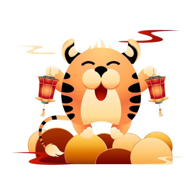 Symbol of New Year is striped tiger Happy tiger holding red Chinese lanterns Decoration for calendar