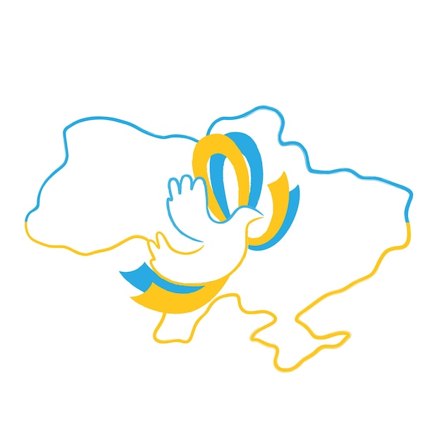 Символ мира белый голубь с лентой в цветах украинского флага на карте Украины Поддержка концепции Украины Векторная плоская иллюстрация на белом фоне