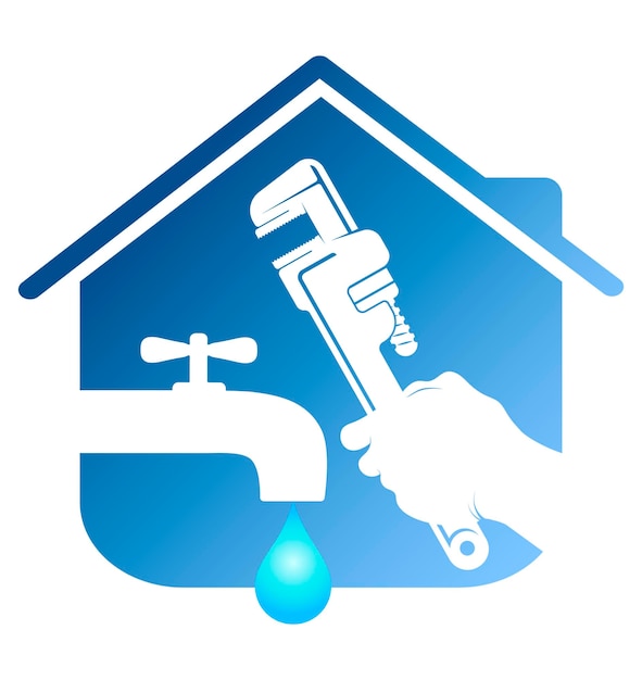 Symbol for plumbing repair wrench in hand and water faucet