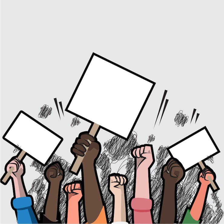 Vector symbol of protest for political claims background vector. crowd of people with flags, banners