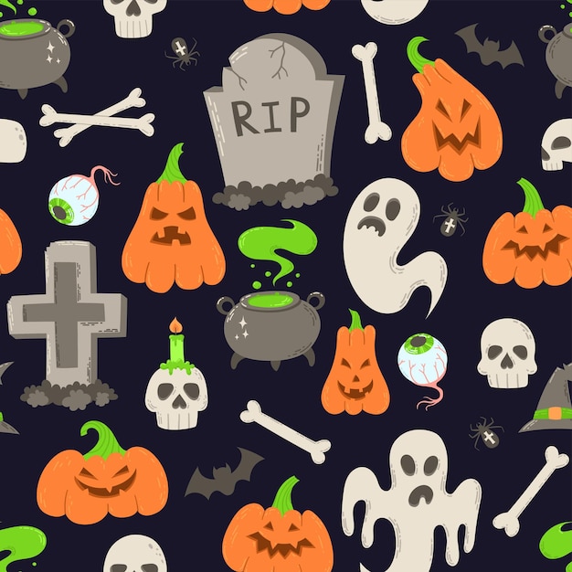 Symbolic halloween holiday objects seamless pattern. Pumpkins, ghosts, skulls, bones, cauldron