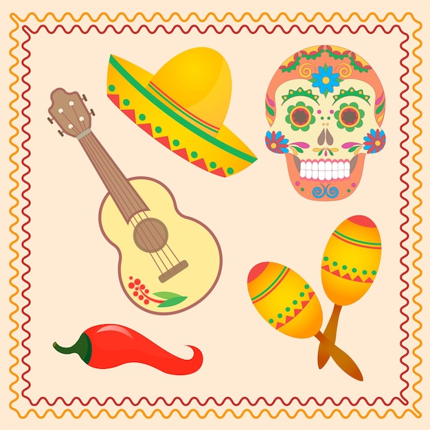 Symbolische illustraties voor de mexicaanse feestdag dia de los muertos skull sombrero gitaar