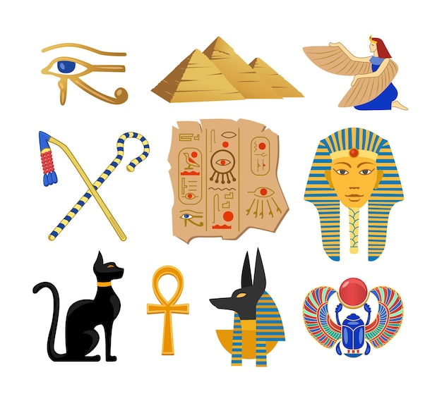 Premium Vector | Symbols of ancient egyptian culture cartoon illustration  set. vector collection of sphinxes, pharaoh, gold elements and pyramids  isolated on white background. egypt, history, landmark concept