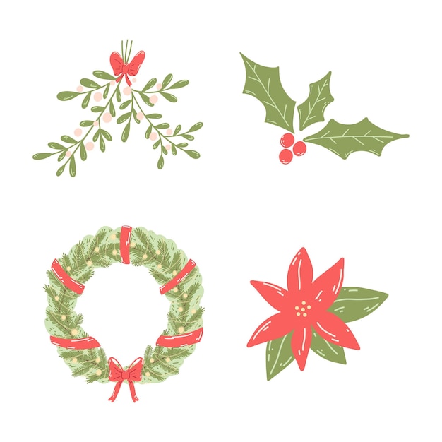 Symbols of Christmas and New Year wreath mistletoe poinsettia holly berry in cartoon flat style Hand drawn vector illustration of festive decoration