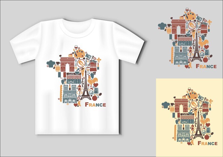 Vector symbols of france in the form of a map travel concept with tshirt mockup