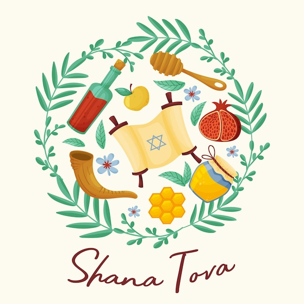 Vector symbols of jewish traditional holiday shana tovah or new year in the round jar with honey cells horn apple pomegranate fish bottle with juice vector illustration light beige background