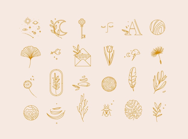 Symbols in modern minimal style drawing on beige background