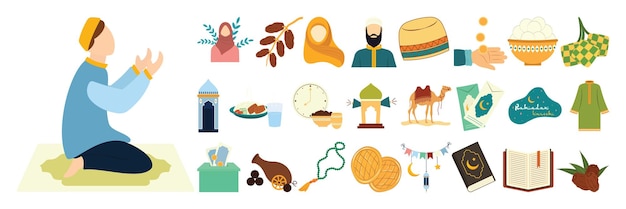 symbols of ramadan and islamic traditions flat illustration set