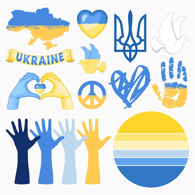 Simboli di sostegno per le vittime di guerra ucraine illustrazione vettoriale chiamata di aiuto e pace per l'ucraina