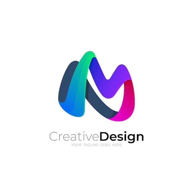 Symbool letter M-logo met 3D-kleurrijke berglogo's