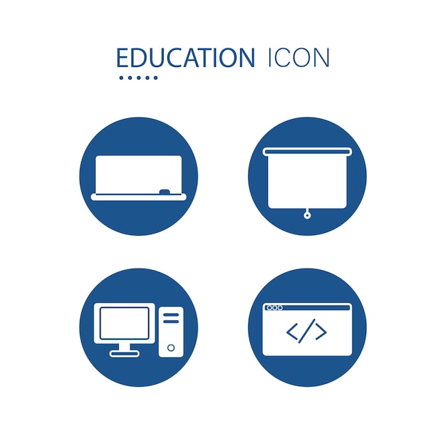 Symbool van de pictogrammen van de onderwijsapparatuur op blauwe cirkelvorm die op witte achtergrond wordt geïsoleerd