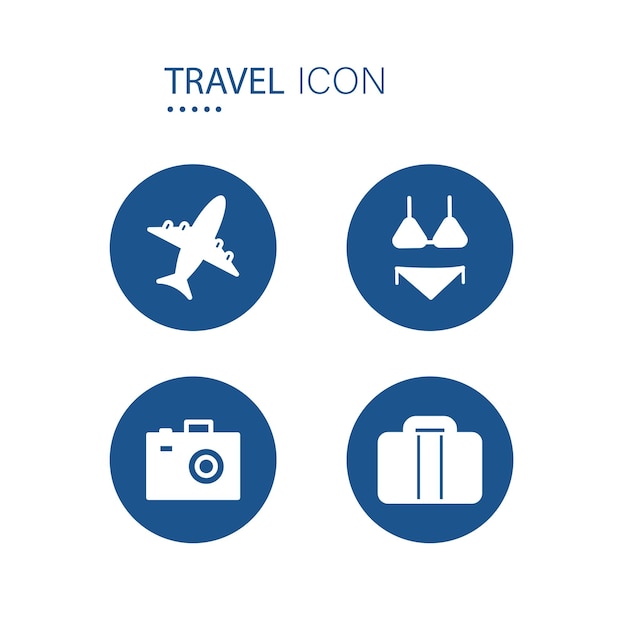 Symbool van vliegtuig Bikini Camera en handbagage pictogrammen op blauwe cirkelvorm Reispictogrammen