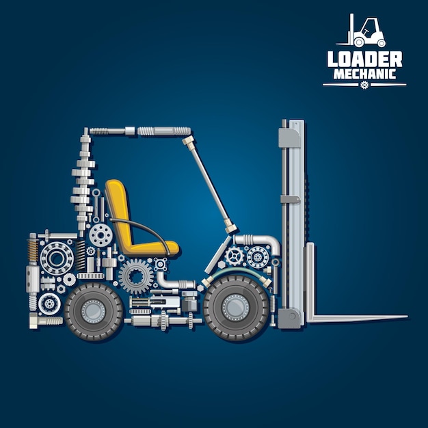 Symbool voor ladermechanica met vorkheftruck, bestaande uit vorkarmen, wielen, stoel, tandwielen, kogellagers, hydraulische systeemonderdelen