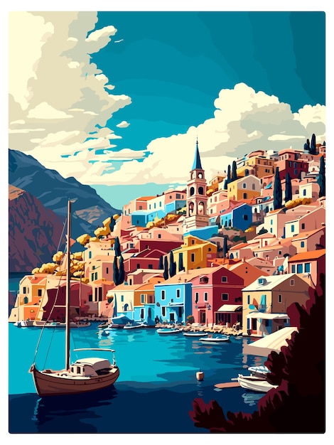 Vettore symi grecia vintage travel poster souvenir postcard ritratto pittura wpa illustrazione