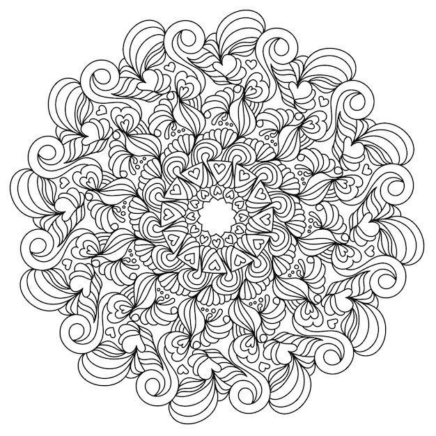 Symmetrical anti stress mandala with swirls and hearts ornate zen coloring page