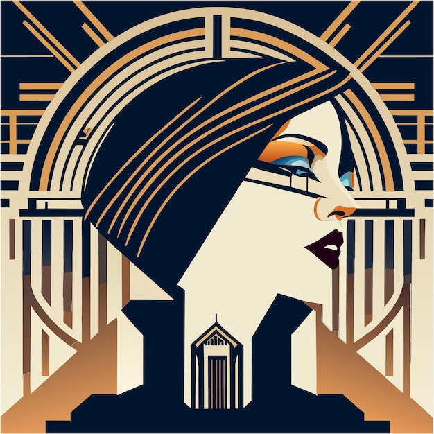 Symmetrical Art Deco Woman's Head Adorned with Lines