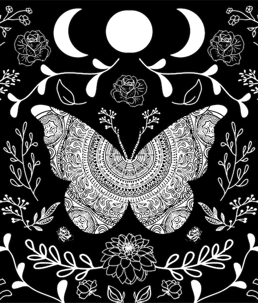 Вектор Симметричная бабочка на черном фоне с декоративными цветами
