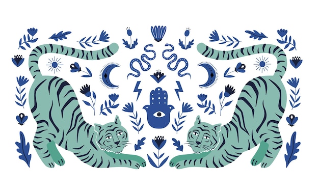 Symmetrical concept with  tigers and mystical boho elements. hand drawn vector illustration.