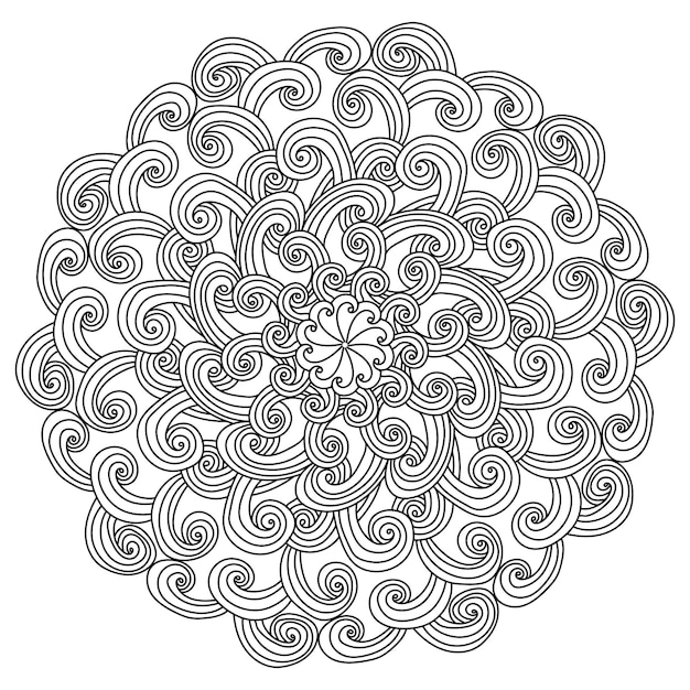 Symmetrical contour doodle mandala of wavy curls round antistress coloring page