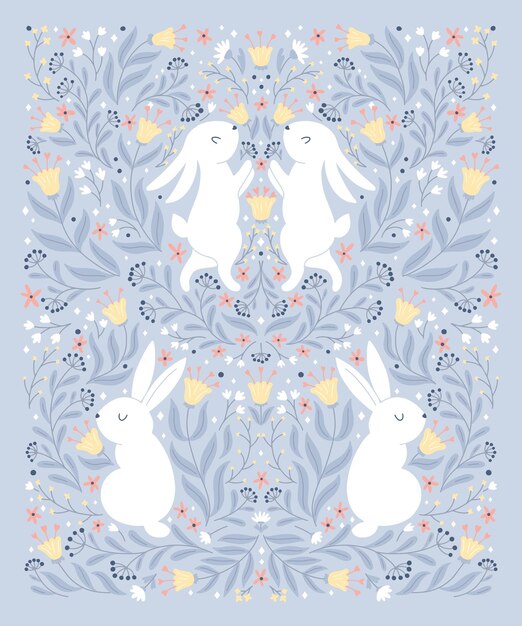 벡터 환상적인 꽃과 민속 스타일의 흰 토끼와 대칭 부활절 빈티지 카드