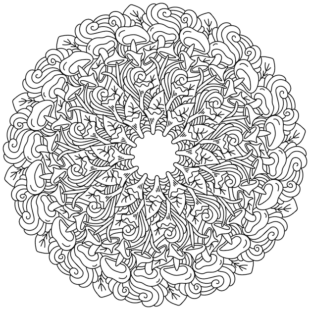 Symmetrical mandala with different types of mushrooms leaves and ornate patterns coloring page with natural motives